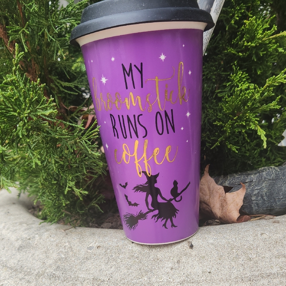 Witchy Purple Coffee Tumbler 12oz decorated with a sorceress, cat, bats
